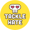Sydänsilmäinen pääkallo keltaisella taustalla, jonka alla lukee Tacklehate