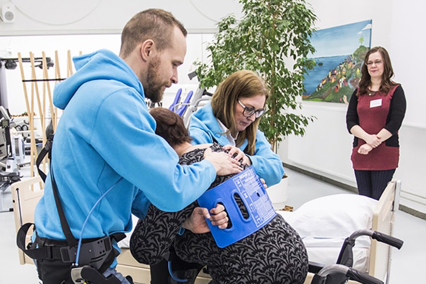 An exoskeleton vest was used in a Finnish study where nurses assisted patients from a hospital bed into a wheelchair.