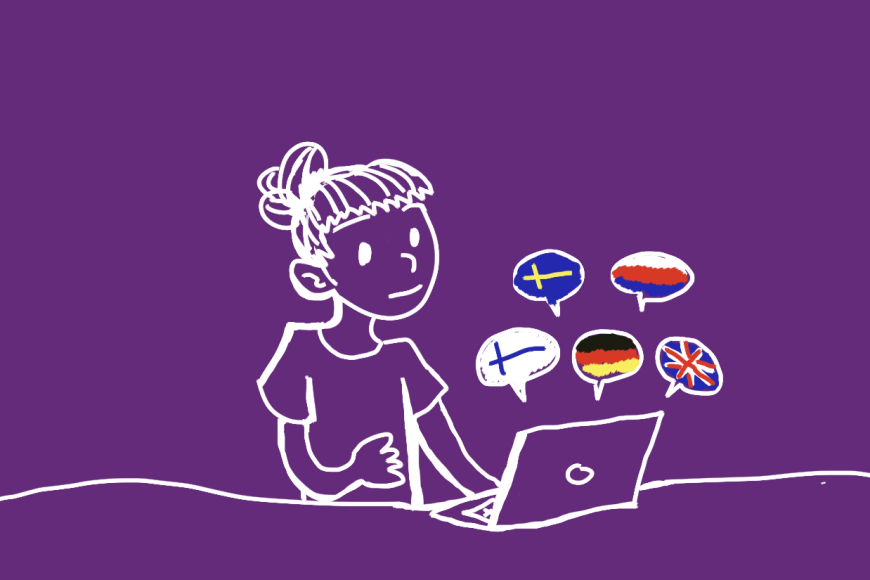 Opiskelija istuu tietokoneen ääressä piirroskuvassa. Koneen yläpuolella on puhekuplia, joissa näkyvät Ruotsin, Venäjän, Suomen, Saksan ja Ison-Britannian liput.