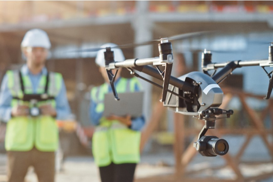 Kaksi työntekijää kypärät päässä ja turvaliivit päällä lennättävät dronea työmaalla ulkona