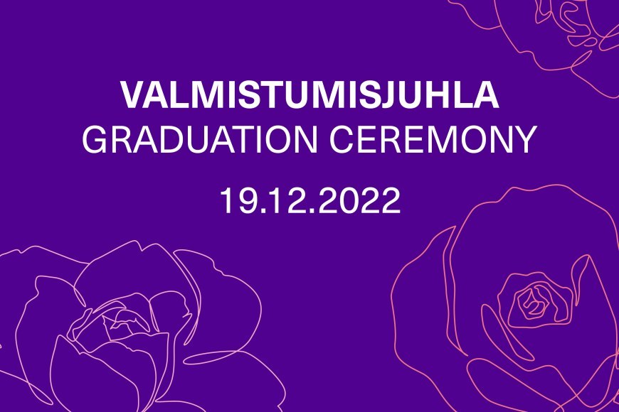 Text: Valmistumisjuhla graduation ceremony 19.12.2022 on purple background.