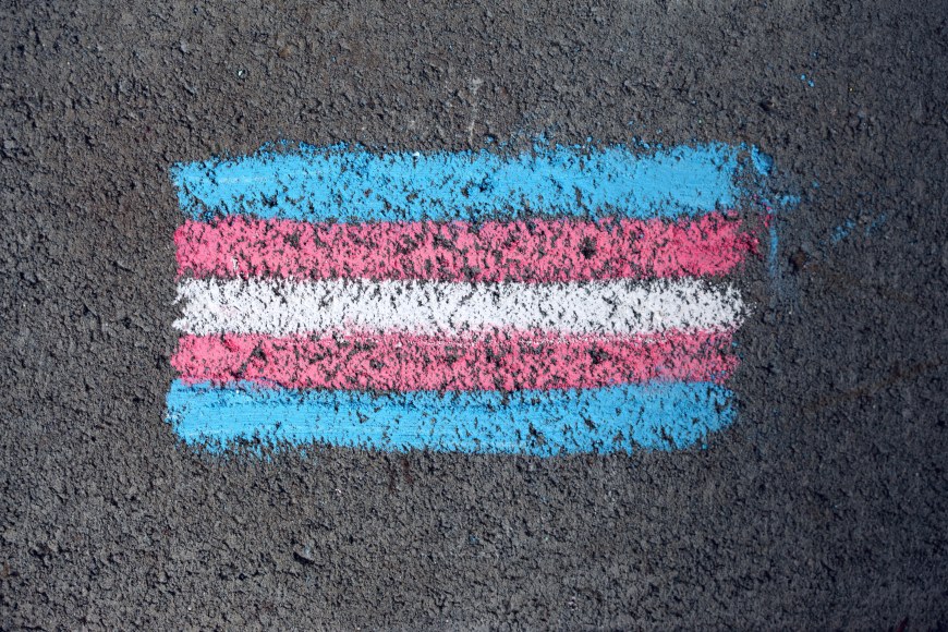 Katuun maalattu transsukupuolisuuden lippu, jossa vaaleansiniset, vaaleanpunaiset ja valkoinen raita.
