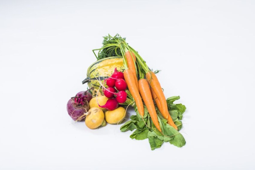 Vihanneksia kuten porkkanoita, sipuli ja kurpitsa aseteltuna yhteen.