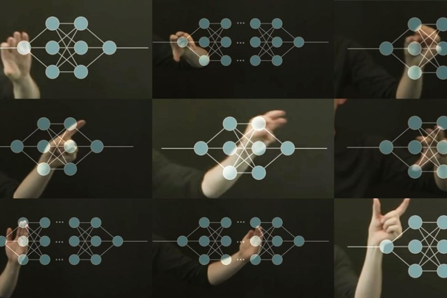 Nine small images with schematic representations of differently shaped neural networks, a human hand making a different gesture is placed behind each network.