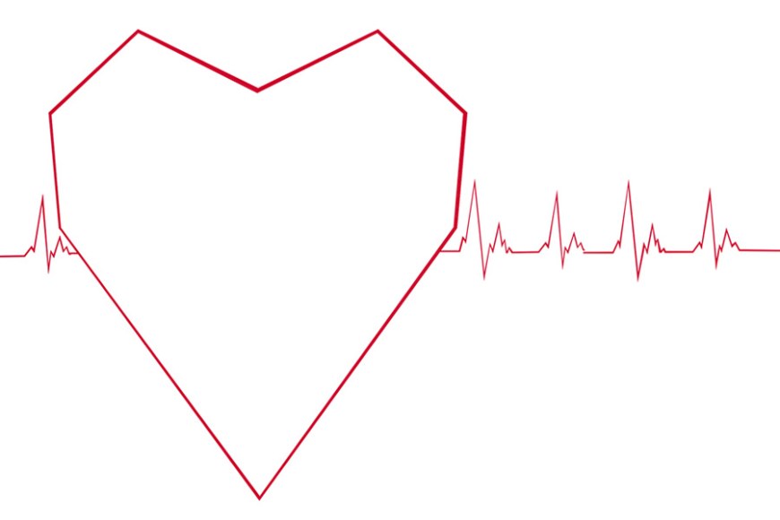 Valkoisella pohjalla punainen sydänsähkökäyrä, jonka keskelle muodostuu sydän.