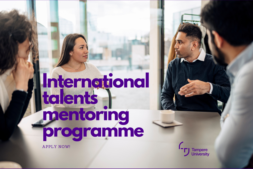 Four people talking while sitting around a table. Over the picture a text reads "International Talents Mentoring programme. Apply now!"