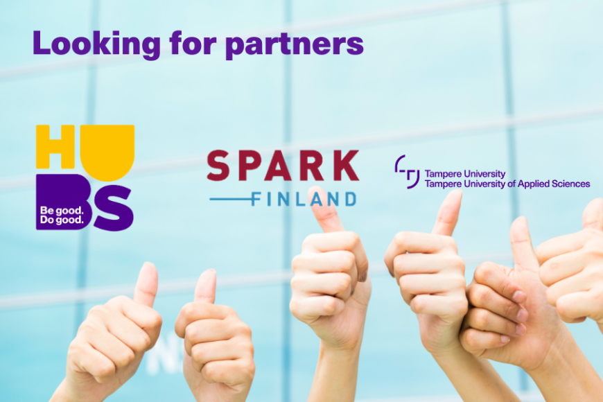 Three pairs of hands showing thumbs up in front of a light-blue backround. HUBS, Spark Finland and Tampere Universities logos in the backround.