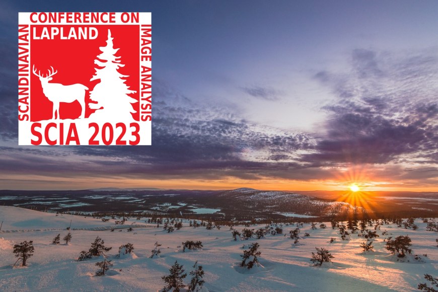 Scenery winter image of Lapland with SCIA2023 logo