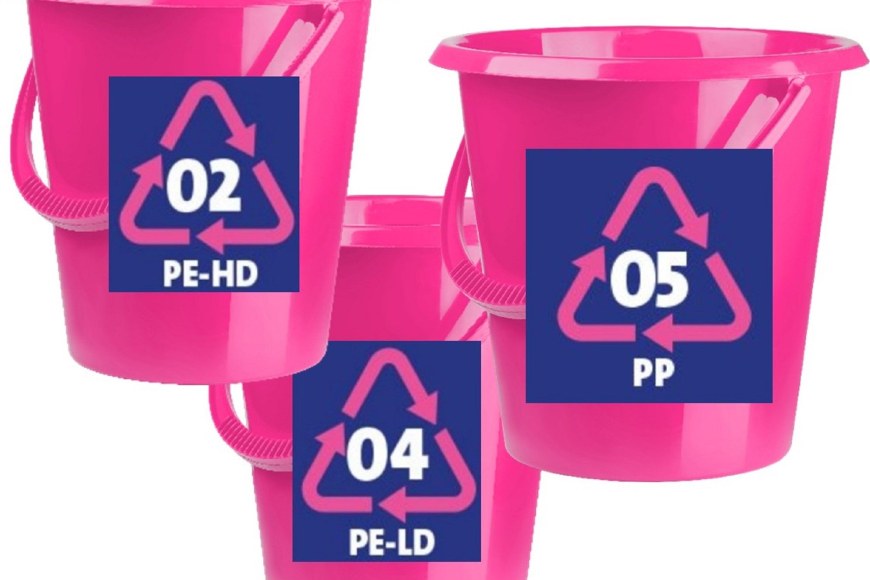 Three pink buckets with PE and PP logos on the side.