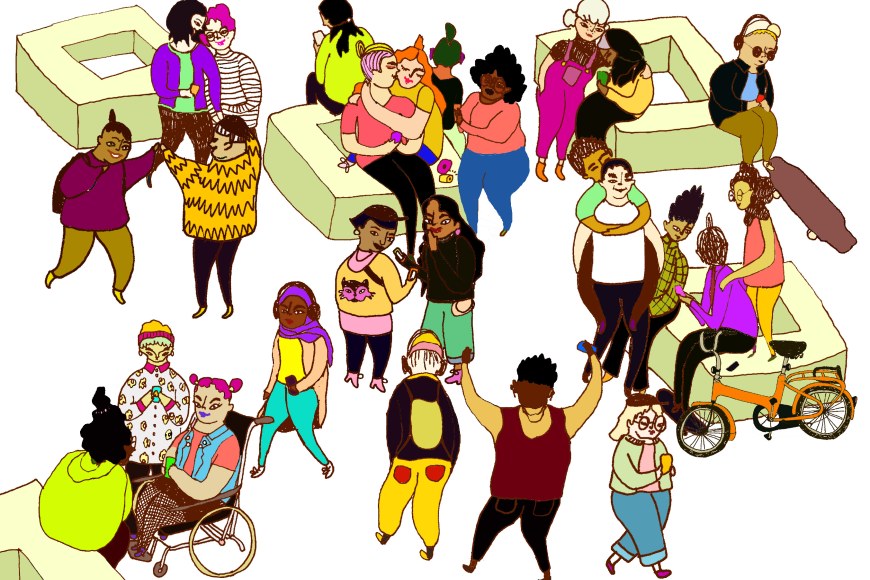Drawing of diverse young people meeting and hanging out. Image: Sirpa Varis. 