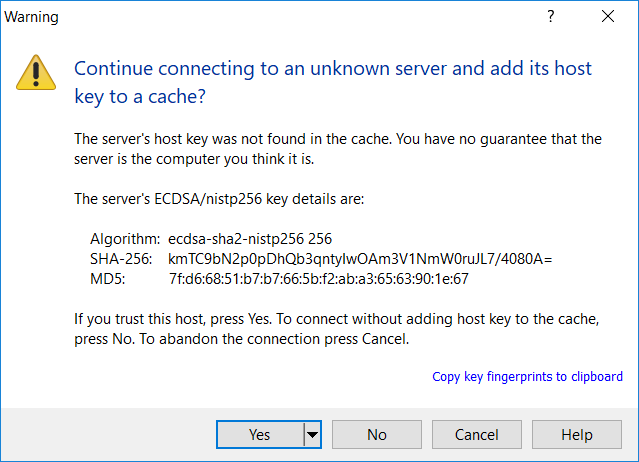 Continue connecting to an unknown server and add its host key to a cache?