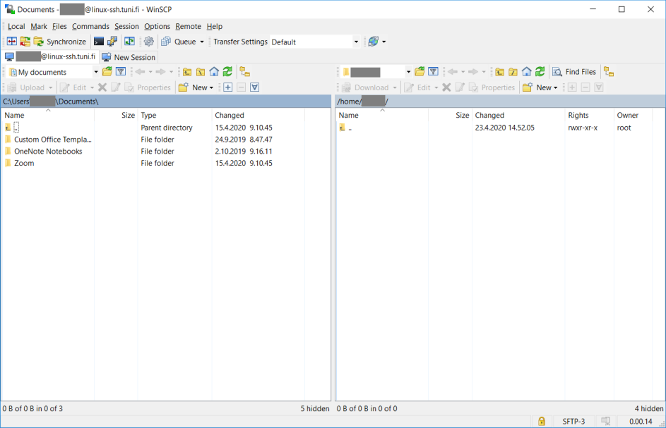 WinSCP main window with linux home directory opened