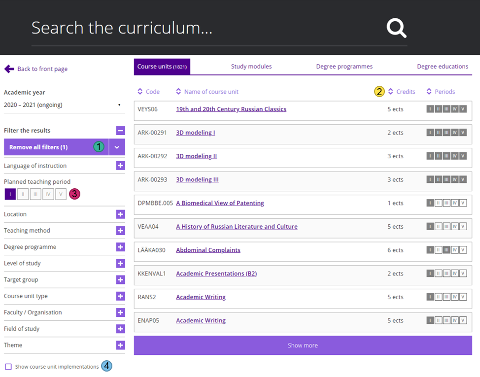 Screenshot of Student's guide curriculum view