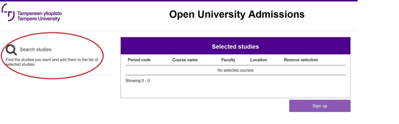 The front page of open university admissions. You can search studies by clicking the Search studies button on the left side of the view.