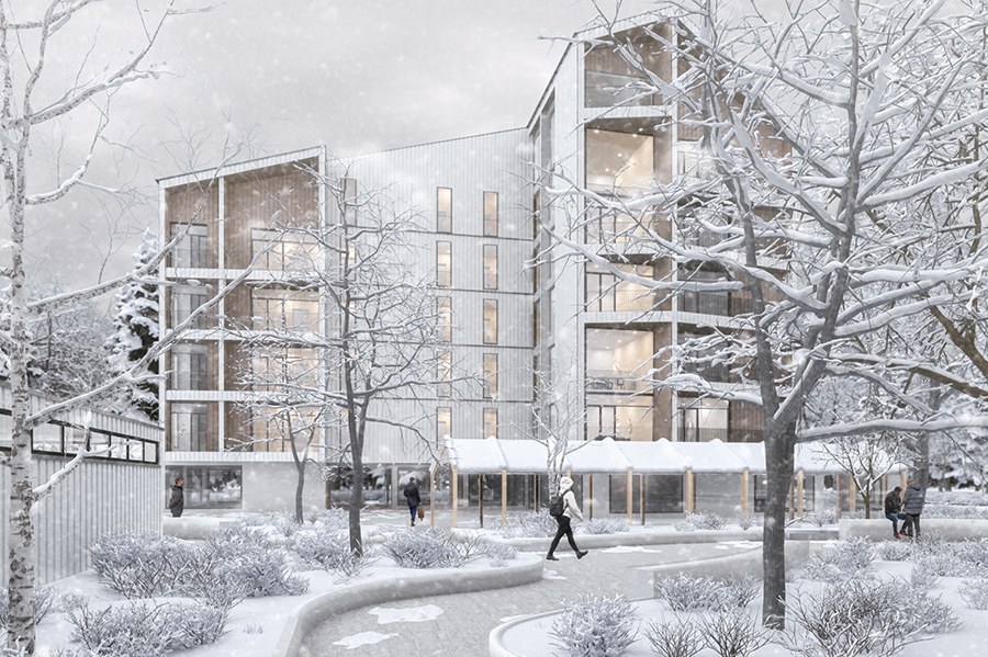 Photorealistic rendering of modern apartment buildings in winter landscape