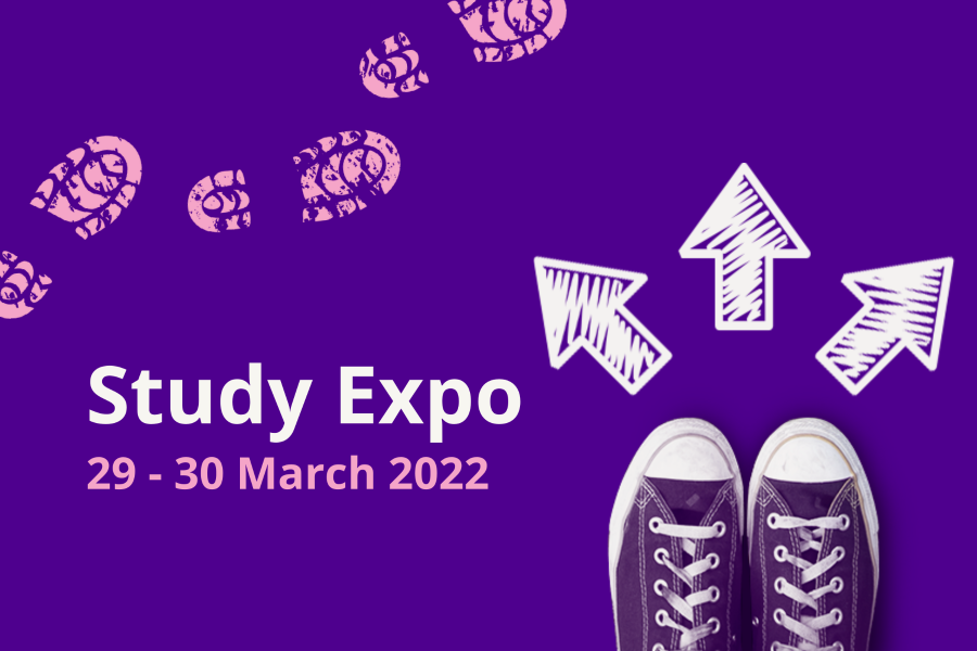Text Study Expo 29-30 March 2022 on purple background; purple shoes on the right side; pink footprints on the left upper corner