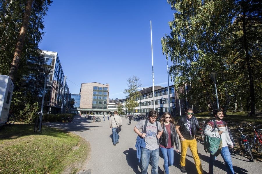 Opiskelijajoukko kävelee Kaupin kampukselle johtavaa, vihreän nurmen reunustamaa tietä pitkin sinisen taivaan kaartuessa rakennusten yllä.