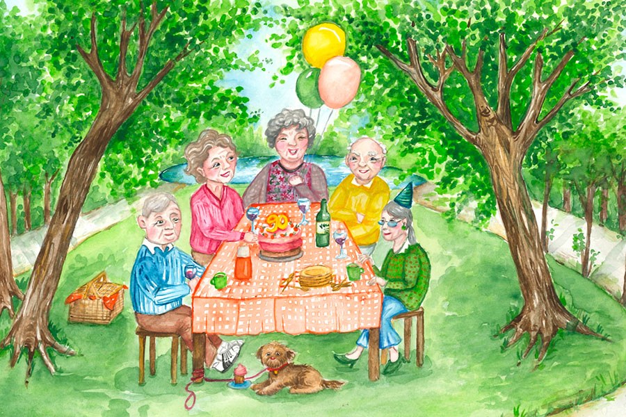 Vanhat ihmiset istuvat syntymäpäivien juhlapöydässä puiden alla.