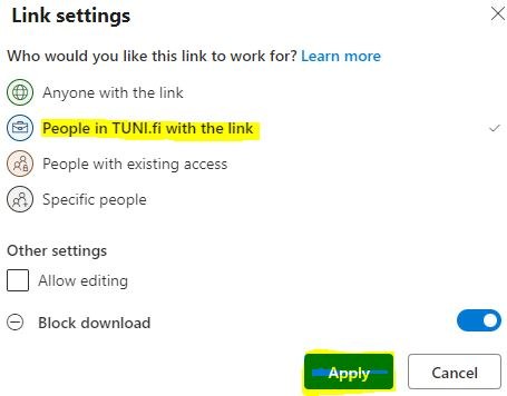 Link sharing options: anyone with the link, people in TUNI.fi with the link, people with existing access and specific people. Also define whether editing is allowed and download is blocked.