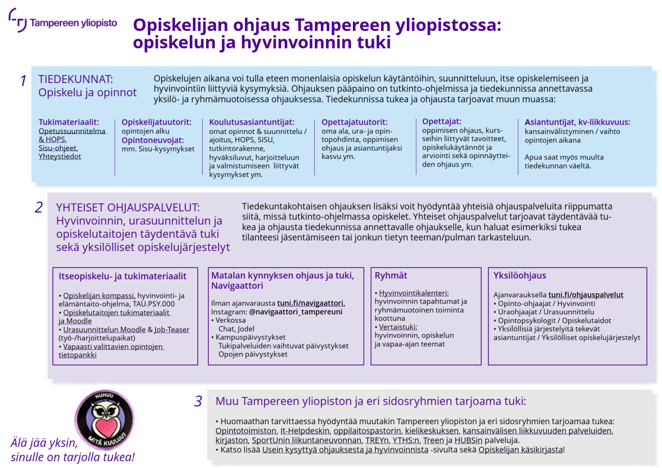 Opiskelijan ohjaus Tampereen yliopistossa jakautuu kolmeen tasoon. 1. ohjauksen pääpaino on tiedekunnissa annettava yksilö- ja ryhmämuotoinen ohjaus. 2. yhteiset ohjauspalvelut tarjoavat täydentävää tukea ja ohjausta. 3. yliopisto ja sen sidosryhmät tarjoavat muita ohjaus- ja tukipalveluilta. 