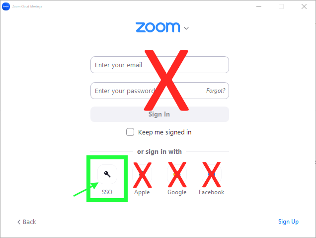 Zoom login screen. Select SSO