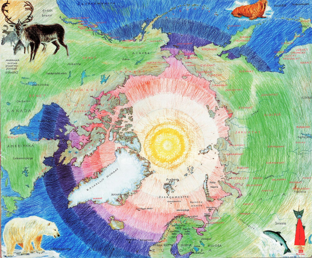 Piirretty kartta Arktisilta alueilta 