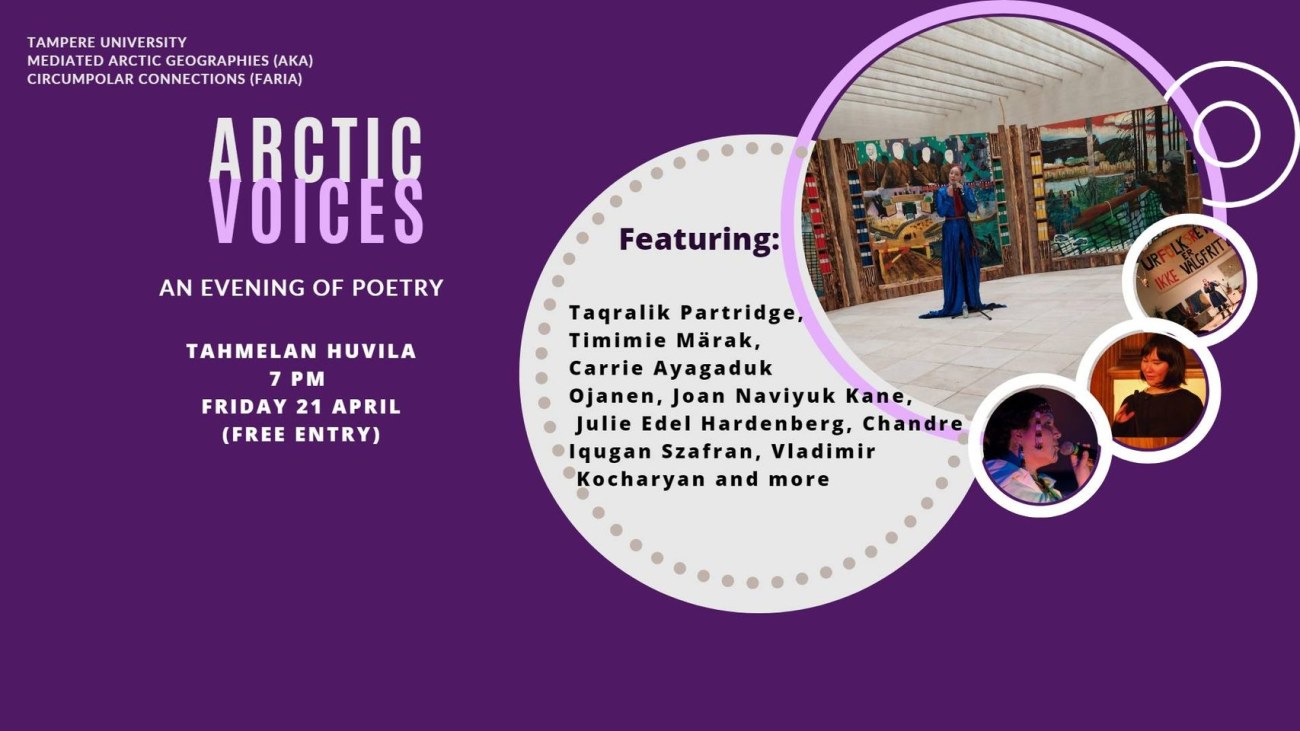 Arctic Voices -tapahtuman flyer. Kerrotaan tapahtuman aika ja paikka sekä esiintyjät, jotka ovat listattuna tämän artikkelin lopussa.