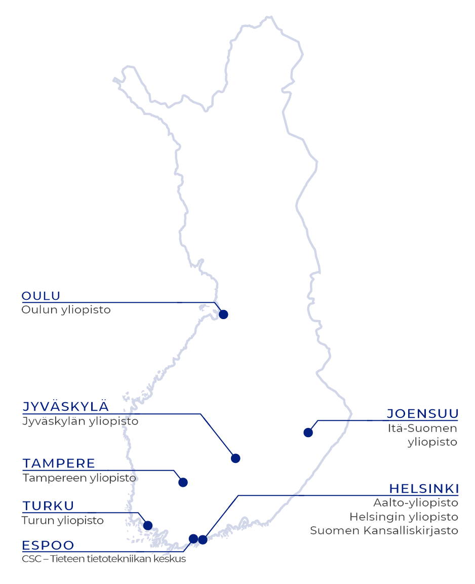 Suomen kartta, jossa on merkitty DARIAH-Fi verkosto