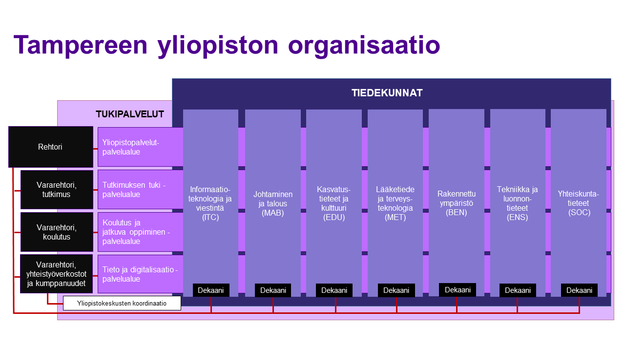 Infografiikka näyttää yliopiston organisaation rakenteen, josta tieto kuvatekstissä.