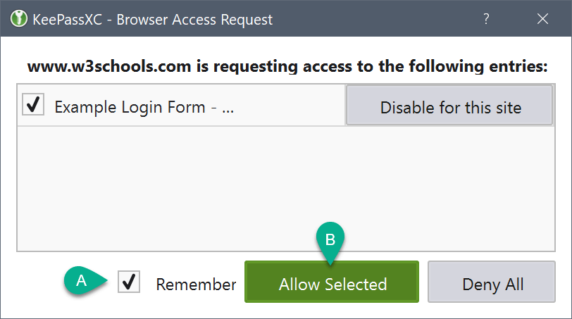 Annetaan lupa salasanan käyttämiselle sivulla selainlaajennuksella / Giving the permission to use a password on a page via browser extension.