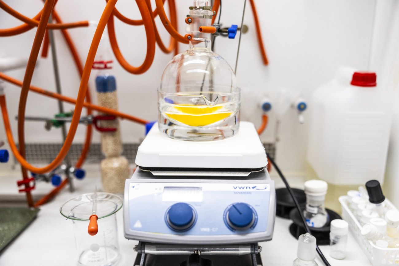 Photo of a yellow reaction mixture in a round-bottom flask inside a fume hood