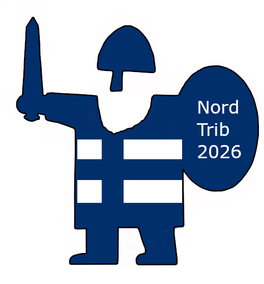 Nordtrib logo where viking with Nordrib shield is wearing blue suit with the flag of Finland