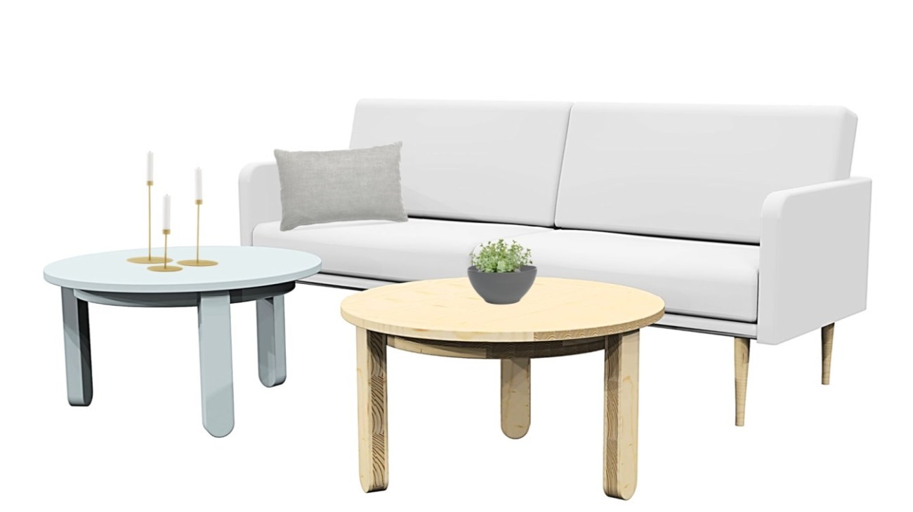 Puutuoteteollisuuden sivuvirtatuotteesta suunniteltuja sohvapöytiä.