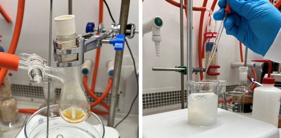 Left photo: a reaction flask with an orange translucent substance. Right photo: a polymer being precipitated into a beaker full of solvent.