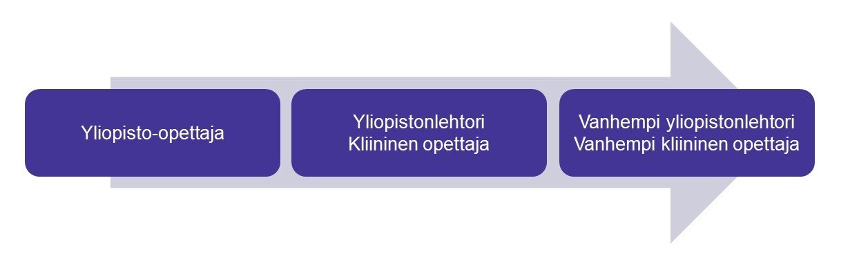 Yliopisto-opettajasta voi edetä yliopistonlehtoriksi tai kliiniseksi opettajaksi ja niistä edelleen vanhemmaksi yliopistonlehtoriksi tai vanhemmaksi kliiniseksi yliopistonlehtoriksi.