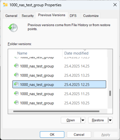 Windowsin tiedostokansion Properties-valikon välilehti Previous Versions