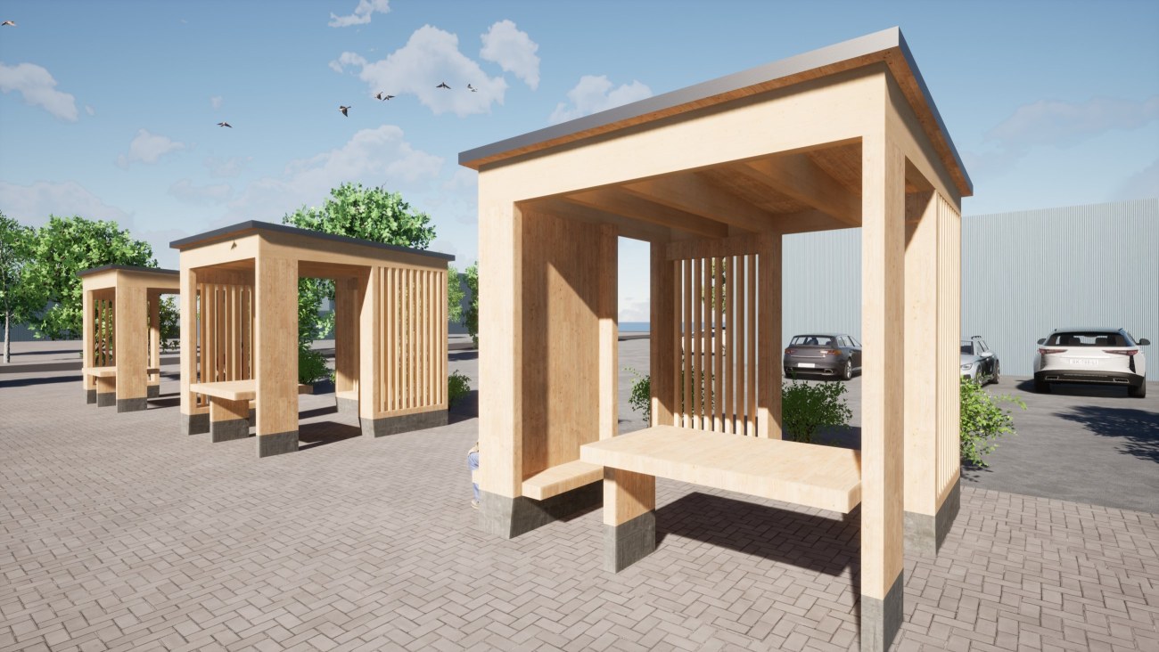 Puuteollisuuden sivuvirtamateriaalit soveltuvat myös kevyempiin rakennuksiin. Hankkeessa Ähtärin torille suunnitellut istumakatokset toimivat toritapahtumissa myös myyntikatoksina.