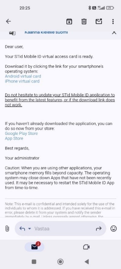 Kuva 16. Virtuaalisesta kulkukortista ilmoittava saapunut sähköposti.