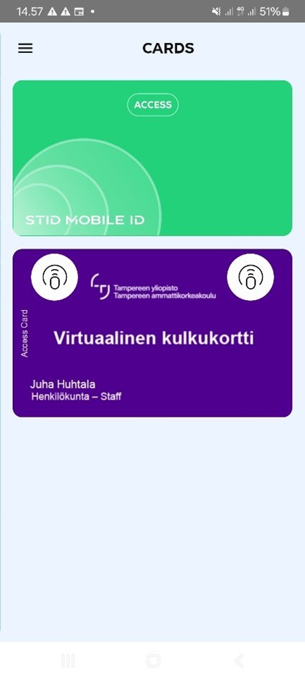 Kuva 17. Esimerkki aktivoidusta virtuaalisesta kulkukortista.