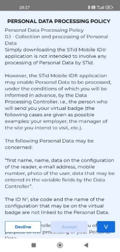 Kuva 6. Lue ja hyväksy sovelluksen mainitsemat käyttöehdot koskien käyttäjätietojen käsittelyä sivu 2/3.