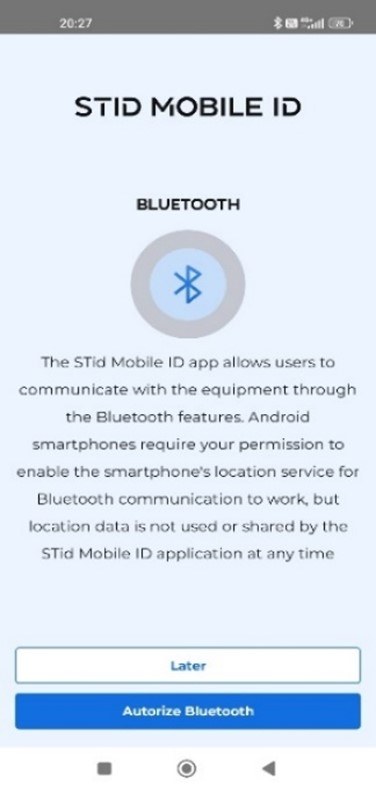 Kuva 8. Sovellus pyytää bluetoothin käyttöoikeutta. Oikeus myönnetään valitsemalla ”Authorize.” Tämän voi tehdä myöhemminkin valitsemalla ”Later.”