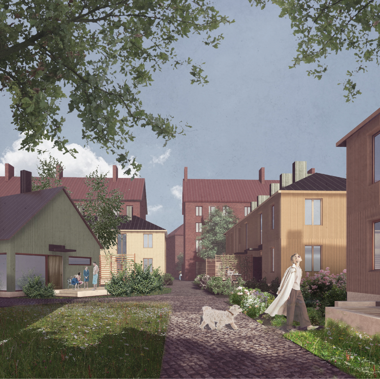 A modern residential area featuring several contemporary-style houses in colors like green and beige. A cobblestone pathway runs through the center, bordered by grass and plants. On the left, three people stand near a house, while on the right, a person walks a dog. The sky is partly cloudy, and trees frame the top of the scene.