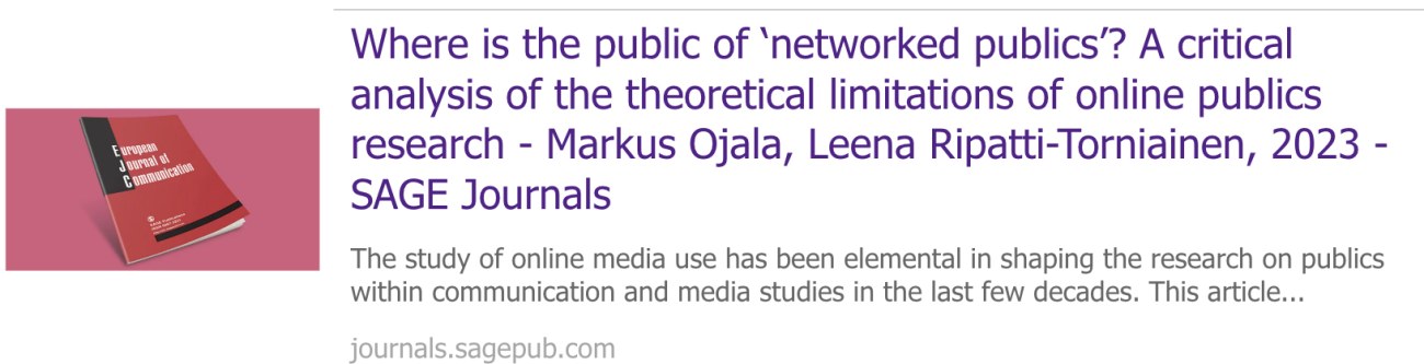 Artikkelin Where is the public of ‘networked publics’? A critical analysis of the theoretical limitations of online publics research -teksti