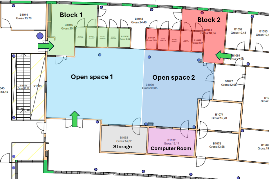 Ludus floorplan with different areas highlighted in different colors.
