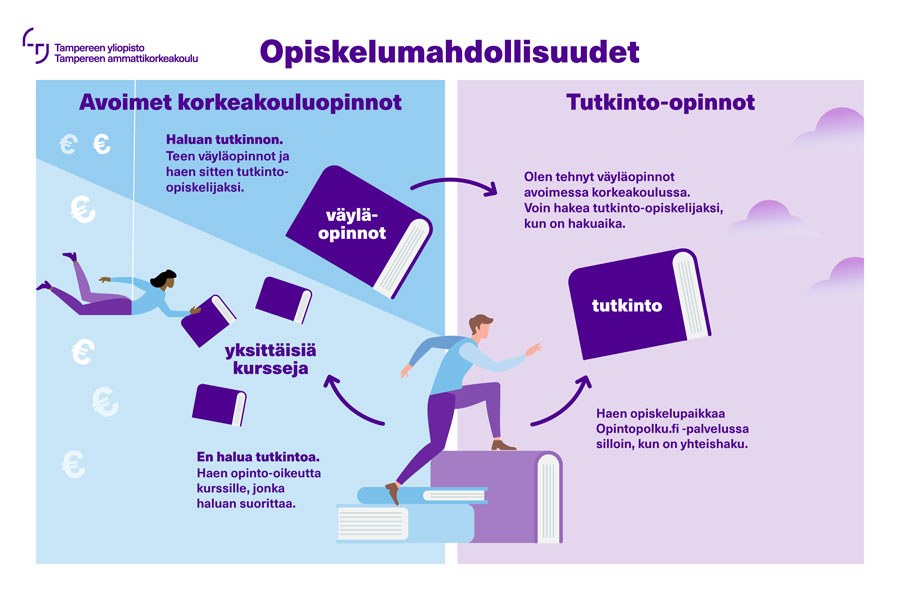 Kuvassa on havainnollistettu eri reitit korkeakouluopintoihin.