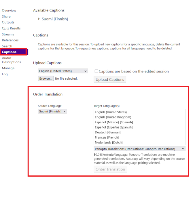 tekstityskäännöksen tilaaminen Panoptossa tallenteen asetuksista
