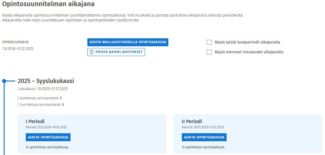 Sisun opiskelijan ajoitusnäkymä