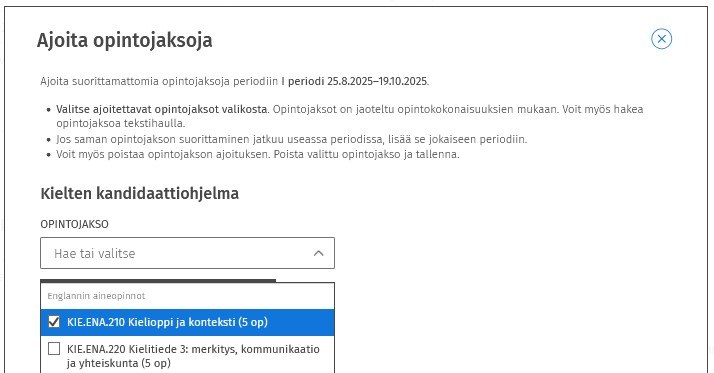 Sisun opiskelijan ajoitustoiminto.
