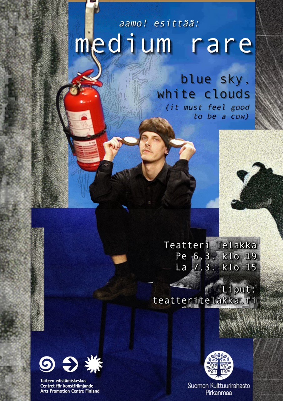Asko Halonen, nuori mies istuu tuolissa, taustalla näkyy vaahtosammutin ja lehmän kuva, kyseessä on hänen esityksensä medium rare -esityskuva.