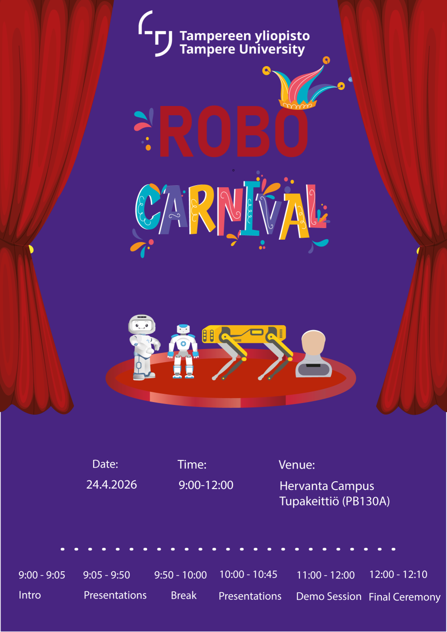 Robo Carnival 2026 juliste, tekstinä päivämäärä 24.4., aika 9-12 ja paikka Tupaketiiö Hervanta kampus